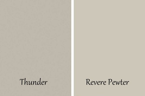 A side by side of Benjamin Moore's Thunder and Revere Pewter.