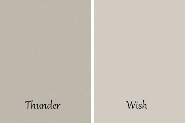 A side by side of Benjamin Moore's Thunder and Wish.