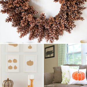 A grid of three photos, one a pinecone wreath, one a stinciled pumplin pillow and the last neutral pumpkin wall art.