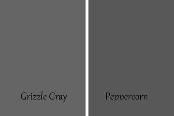a side by side of grizzle gray and peppercorn.