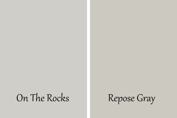 a side by side comparison of On The Rocks and Repose Gray.