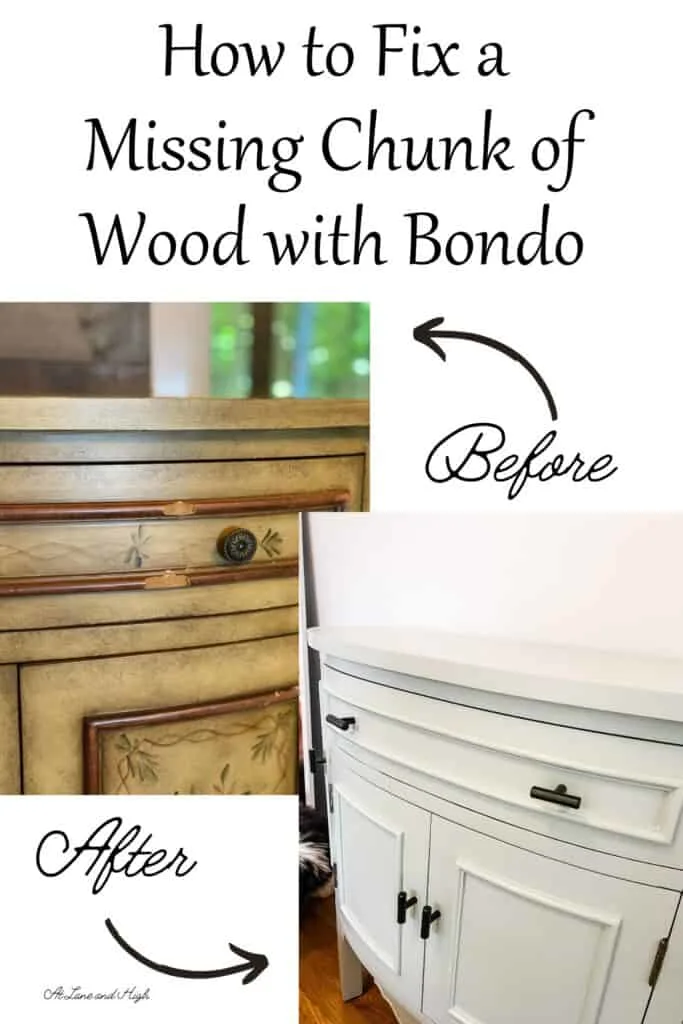 A before and after of how to fix a missing chunk of wood on a piece of furniture with text overlay.