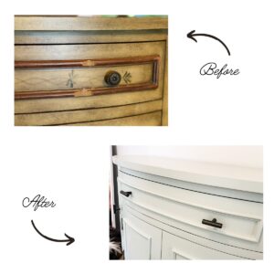 A before and after of how to fix a missing chunk of wood on furniture.