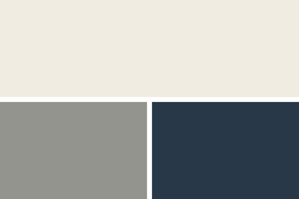 Swatches of paint side by side of Greek Villa, Illusive Green and In The Navy.