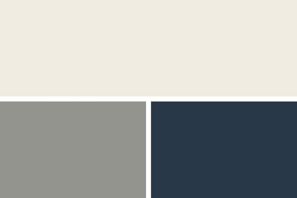 Swatches of paint side by side of Greek Villa, Illusive Green and In The Navy.