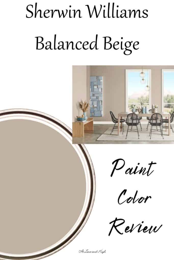 A paint swatch of Balanced Beige, a dining room with it on the walls and text overlay.