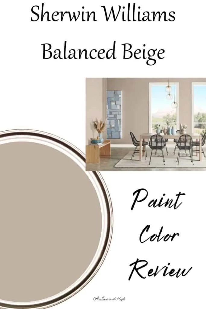 A paint swatch of Balanced Beige, a dining room with it on the walls and text overlay.