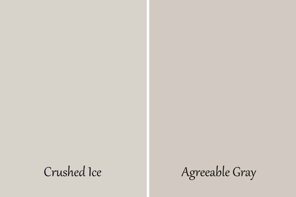 A side by side comparison swatches of Crushed Ice and Agreeable Gray.