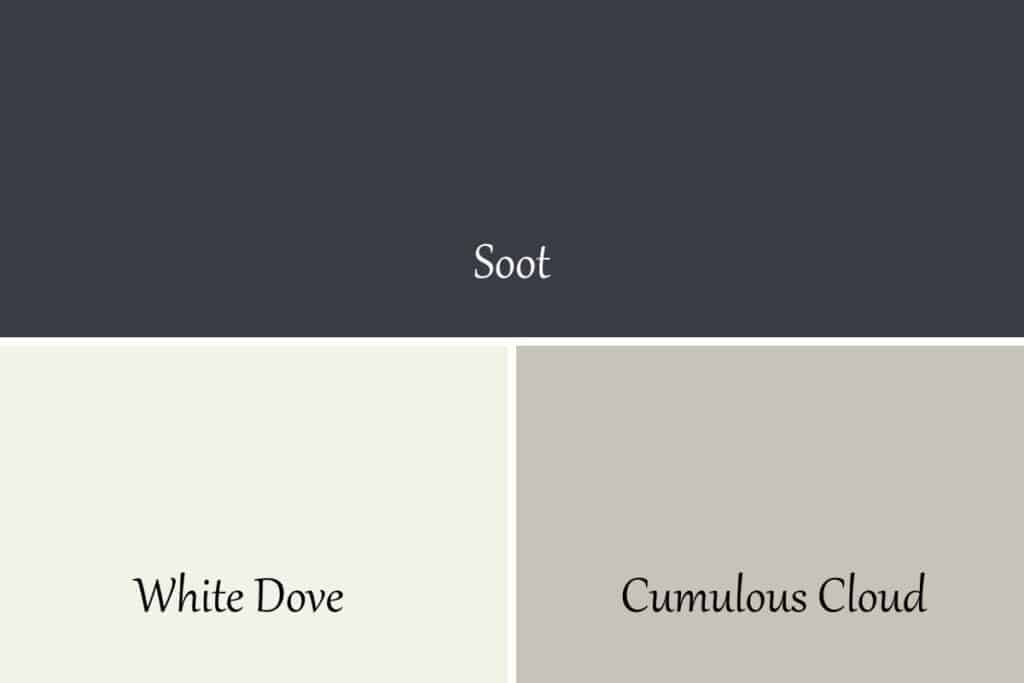 A comparison of three colors Soot, White Dove, and Cumulous Cloud with text overlay.