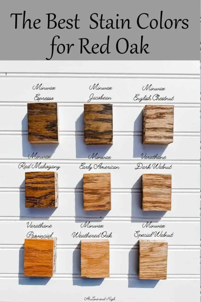 Nine different stain colors and how they look on red oak with text overlay.
