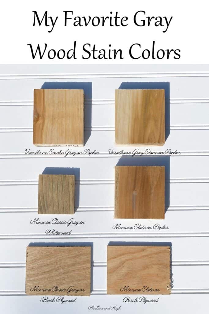 The Best Gray Wood Stain colors on Six different types of wood with text overlay.