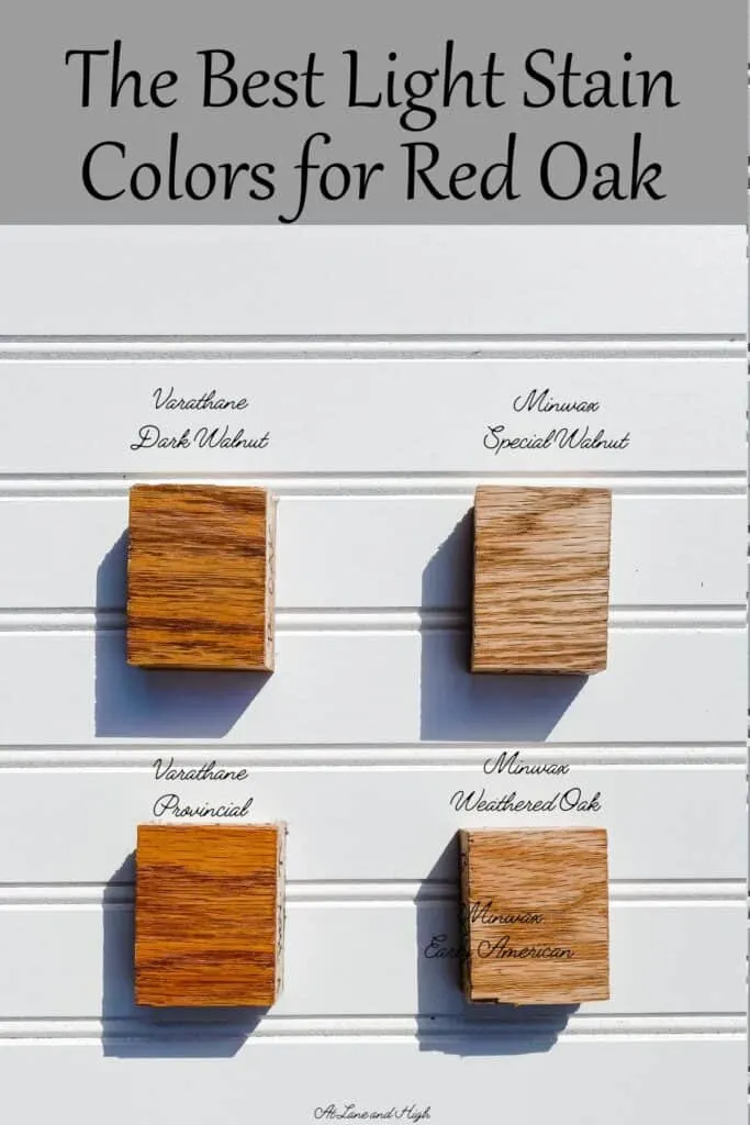 Four different light stain colors on red oak with text overlay.
