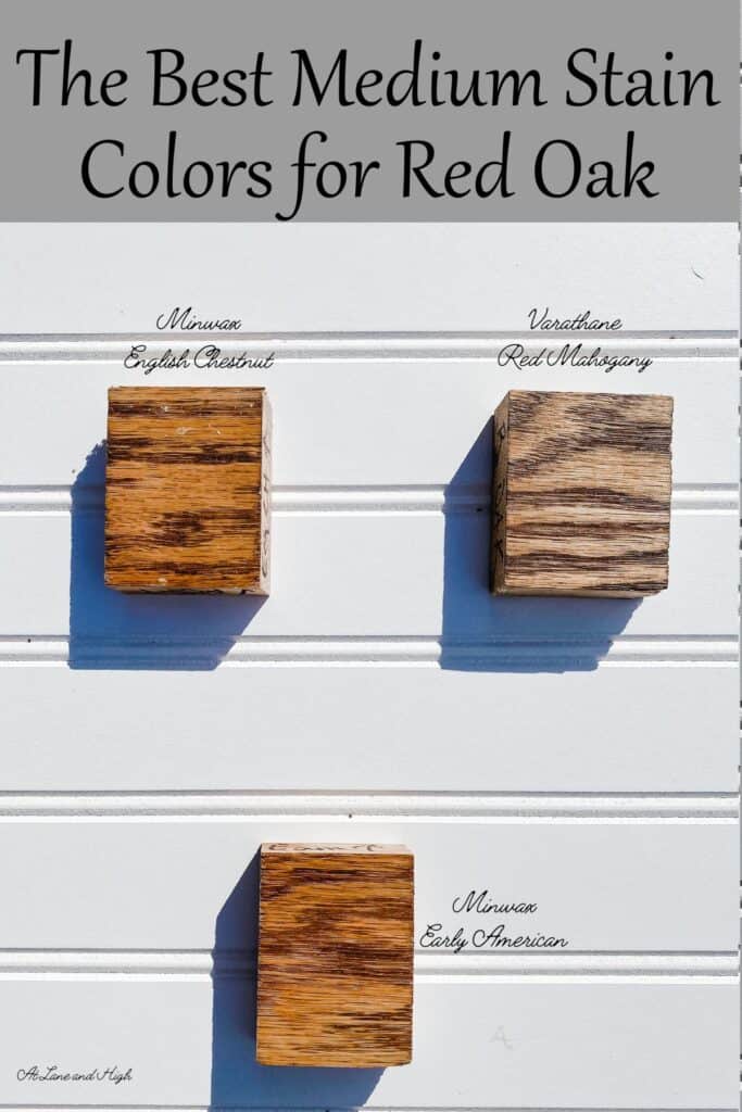 Three different stain colors on read oak that are medium in tone with text overlay.