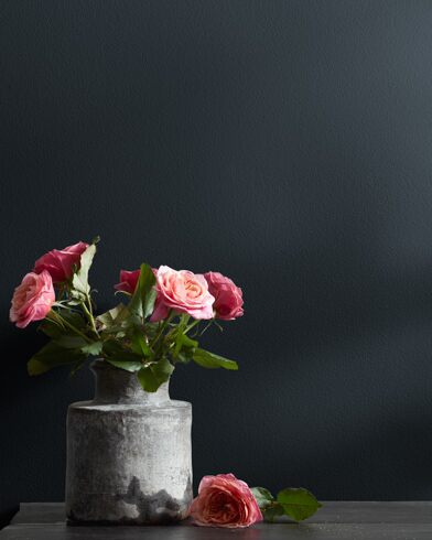 a wall painted in Soot with a table and a vase of pink roses .