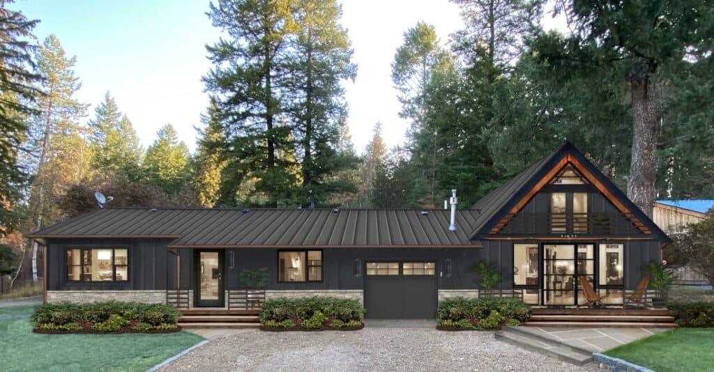 Soot on the exterior of a home with a metal roof, medium wood accents on the trim and stone on the bottom third.