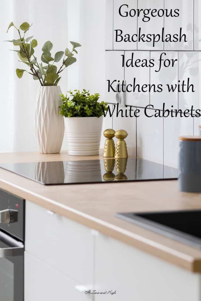 A white kitchen with white backsplash with text overlay.