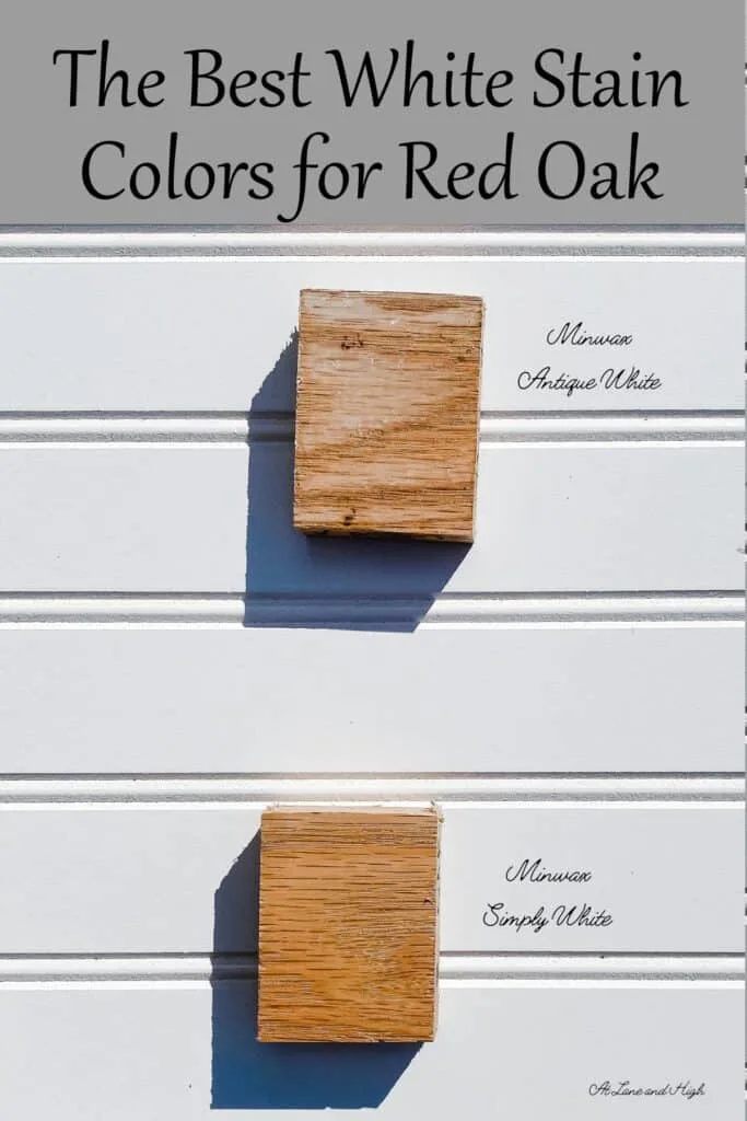 Two white stain colors and how they look on red oak with text overlay.