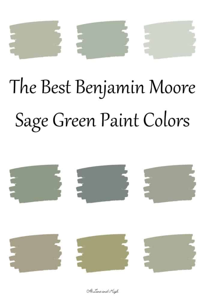 Nine swatches of sage green paint colors with text overlay.