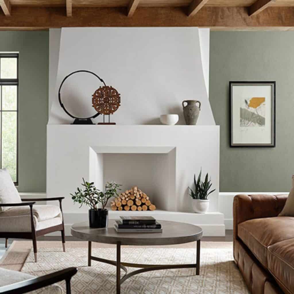 Evergreen fog on the walls with a white fireplace and open wood ceiling showcasing beams.