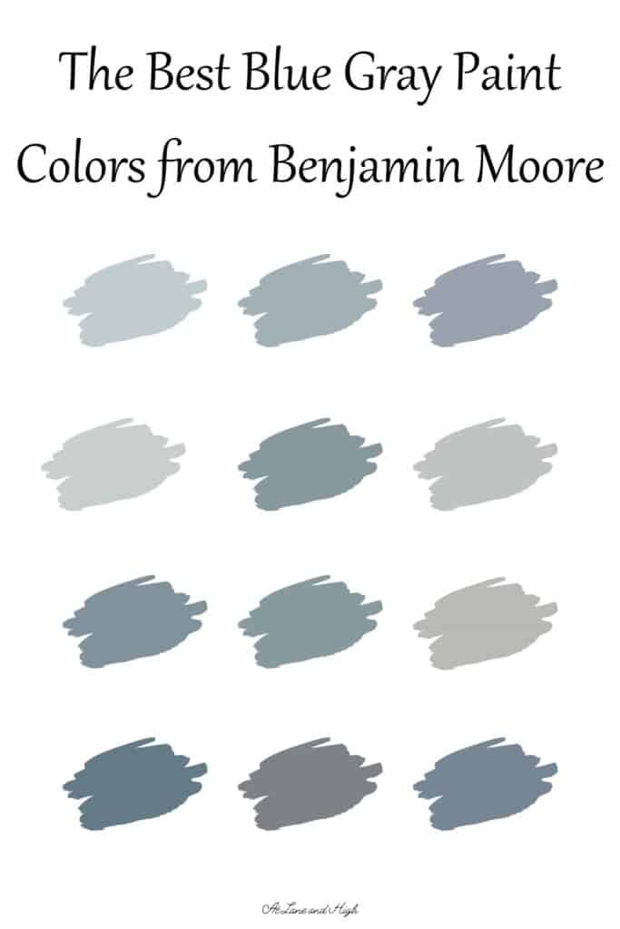 Swatches of 12 different blue gray paint colors with text overlay.