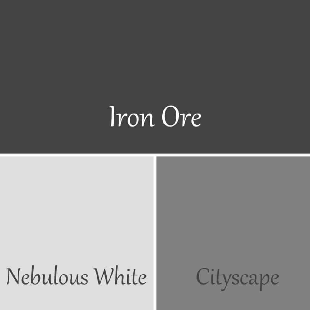 A comparison of three colors, Iron Ore, Nebulous White and Cityscape.