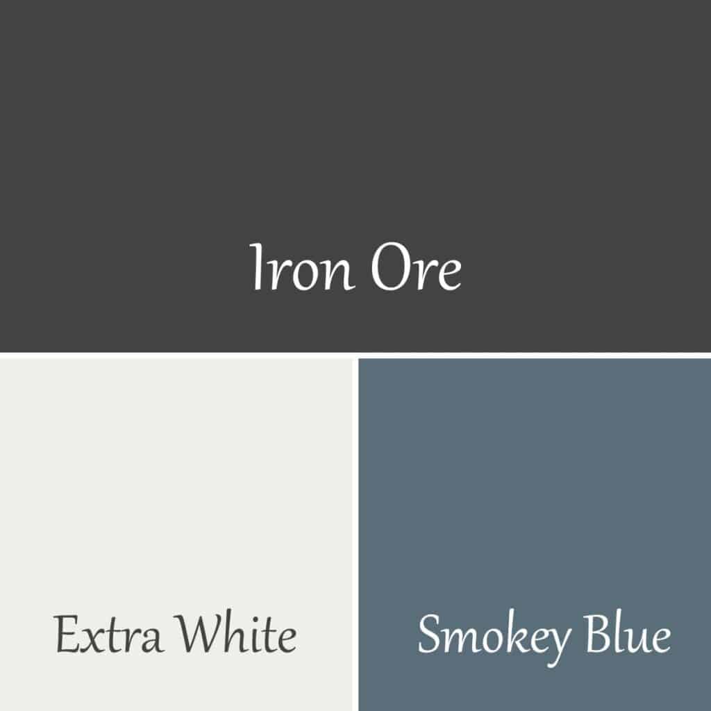 A comparison of Iron Ore, Extra White, and Smokey Blue with text overlay.