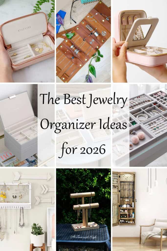 A grid of six jewelry organizers with text overlay pin for Pinterest.