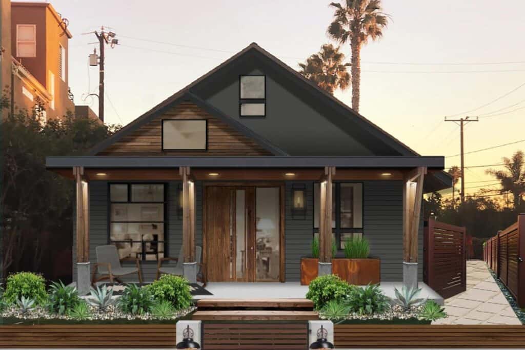 The exterior of a home with Iron Ore and medium wood tones.