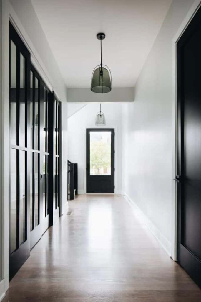 An entryway with white walls and Iron Ore on the interior doors.