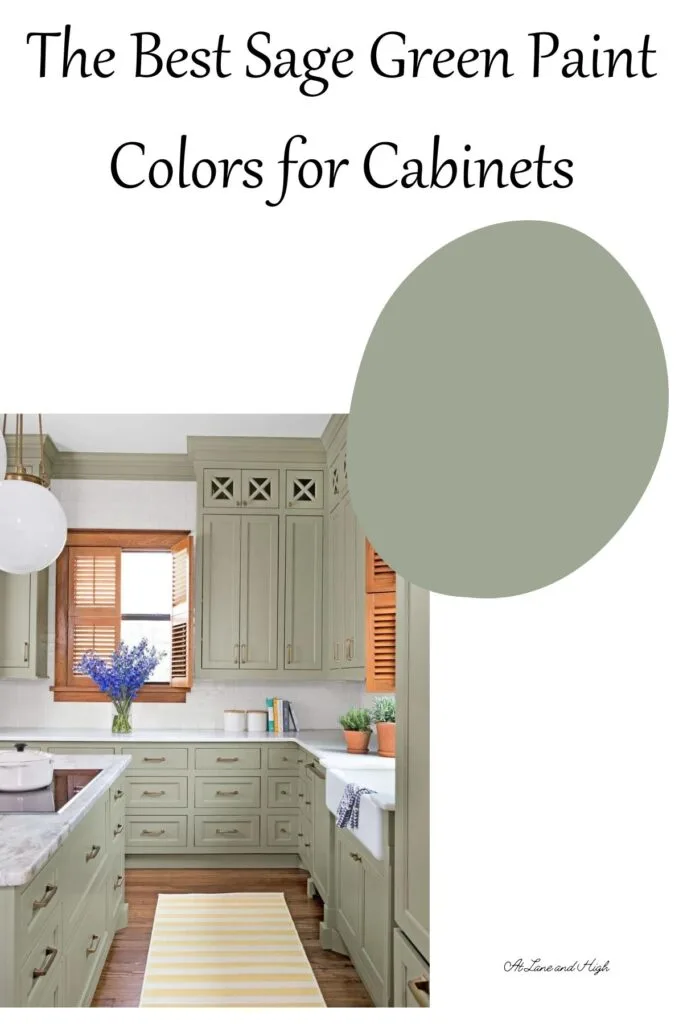 An image of a kitchen with sage green on the cabinets, a sample and text overlay.