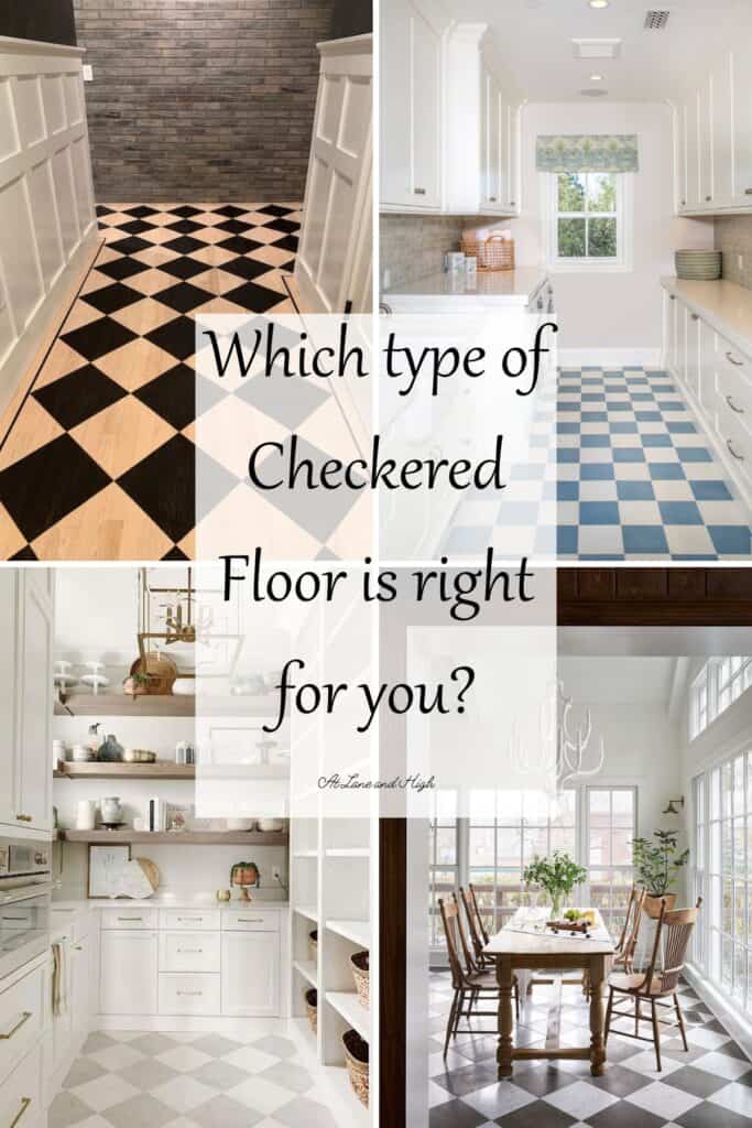 Four photos of floors in a checkered pattern with text overlay.