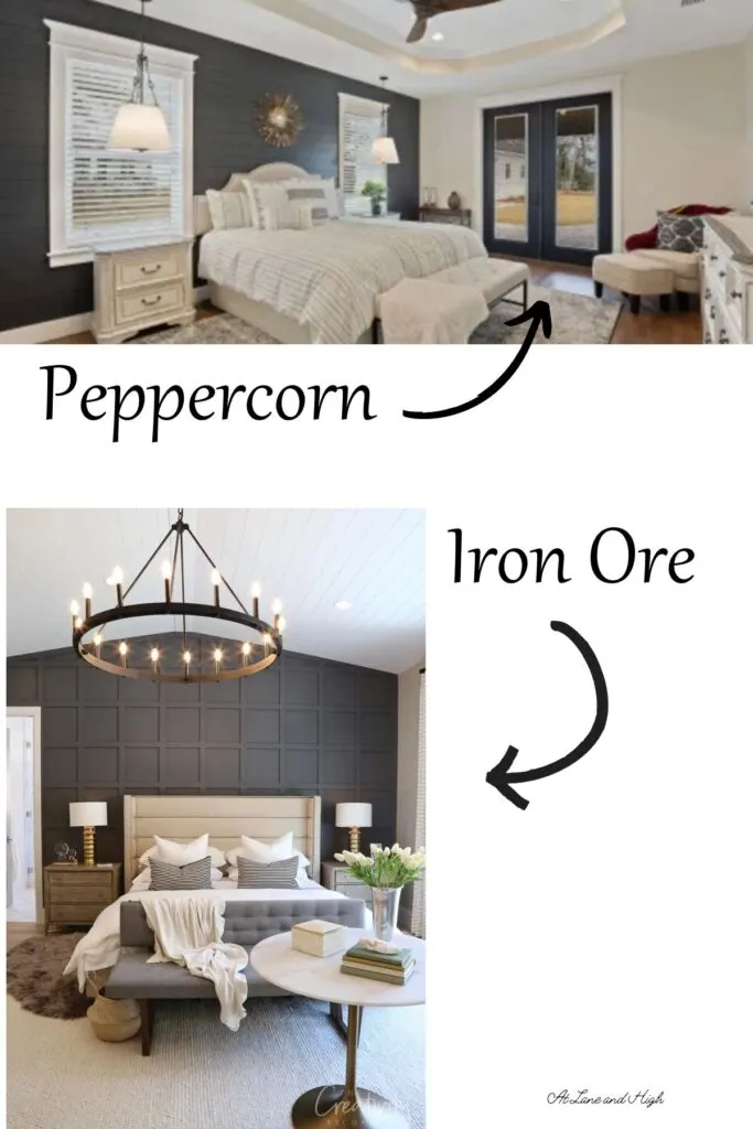 A comparison of Iron Ore and Peppercorn on accent walls in bedrooms with text overlay.