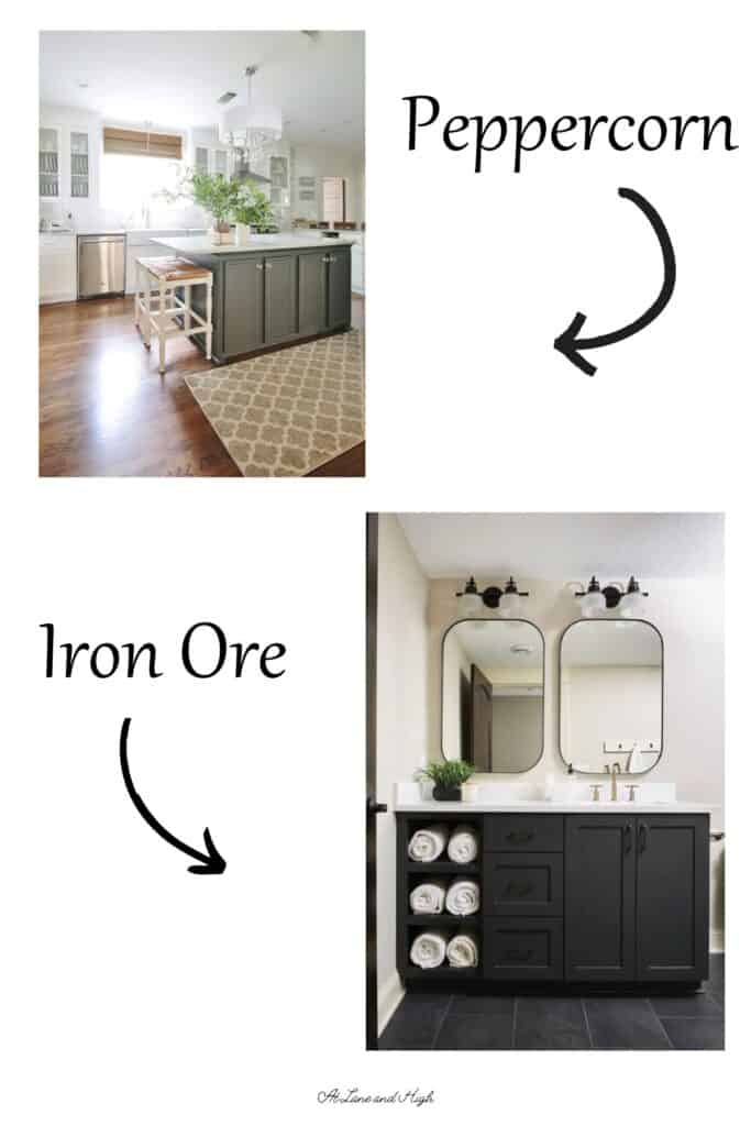A comparison of Iron Ore and Peppercorn on cabinets with text overlay.