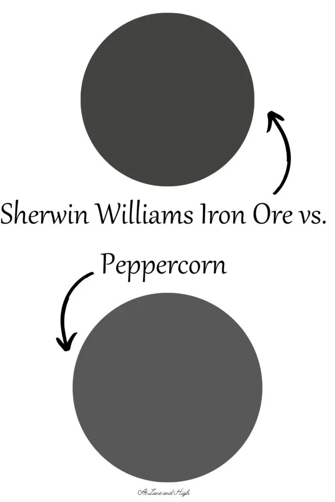 Swatches of Iron Ore and Peppercorn with text overlay.