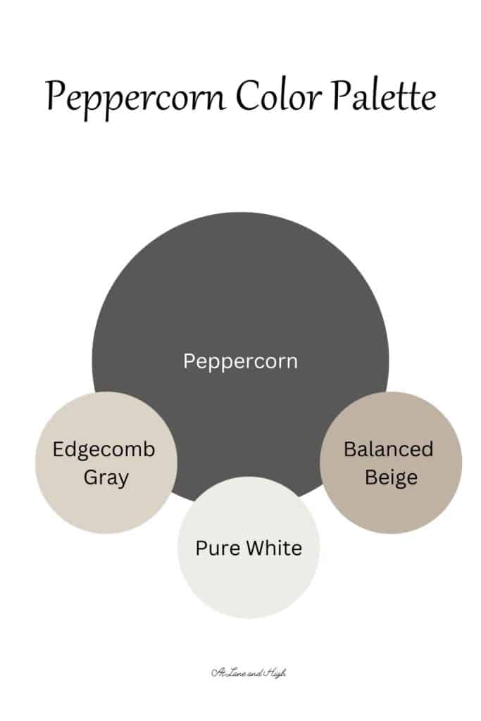 A comparison of Sherwin Williams Peppercorn with three coordinating colors and text overlay.