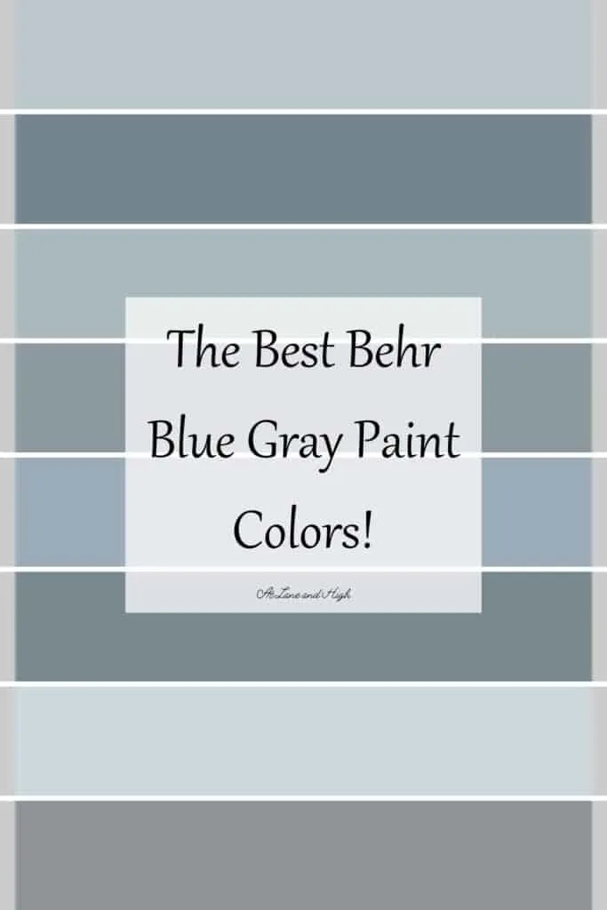 This is a stacked grid of 8 different blue gray paint colors from Behr with text overlay.