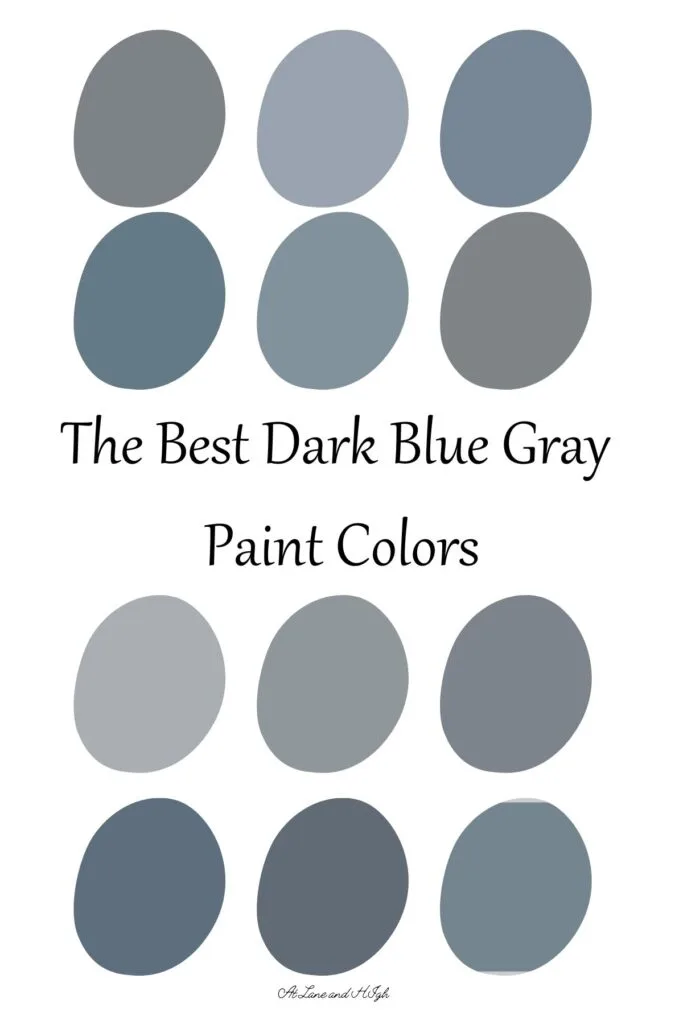 This is a pin for pinterest with twelve swatches of dark blue gray paint colors with text overlay.
