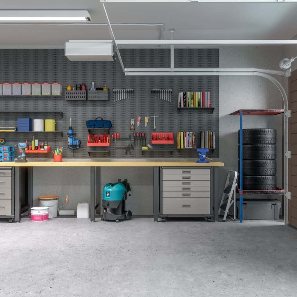 A garage with a workbench and pegboard with tons of tools organized.