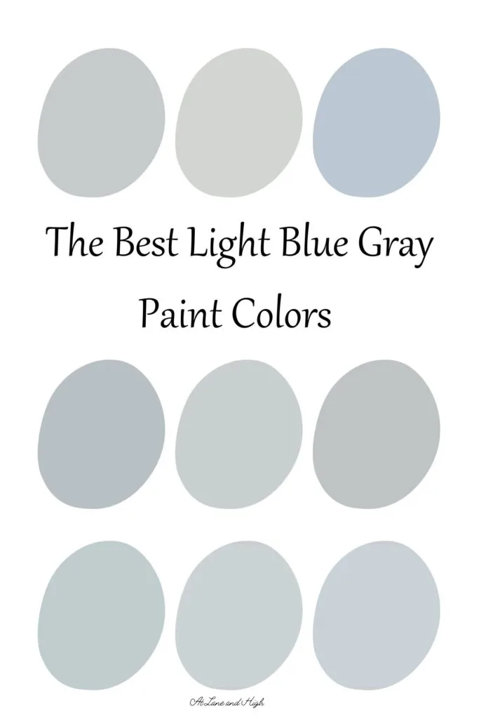 This is a swatch of nine light blue gray paint colors with text overlay.