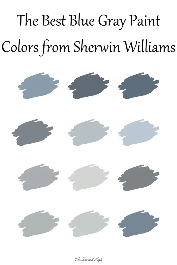 There are 12 swatches of different blue gray paint colors from Sherwin Williams.