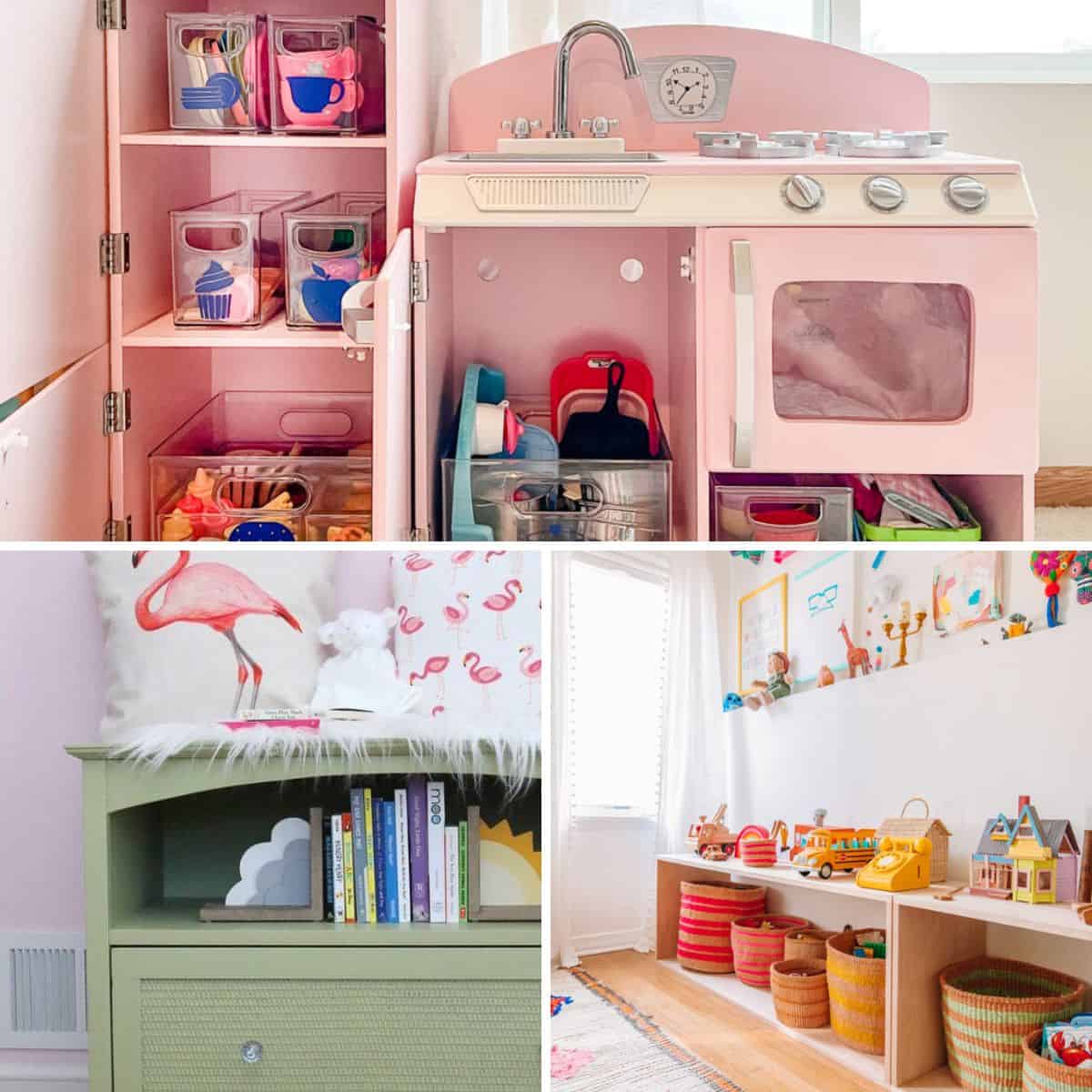 Three images of how to organize toys.