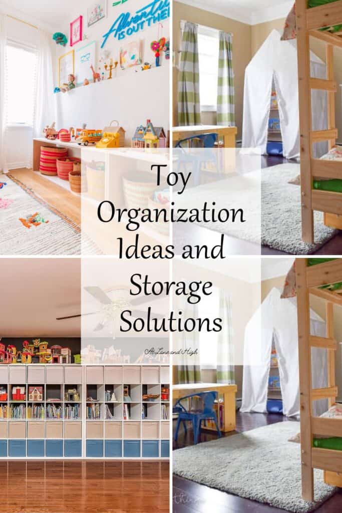 A grid of four rooms with toy organization ideas and text overlay for Pinterest.