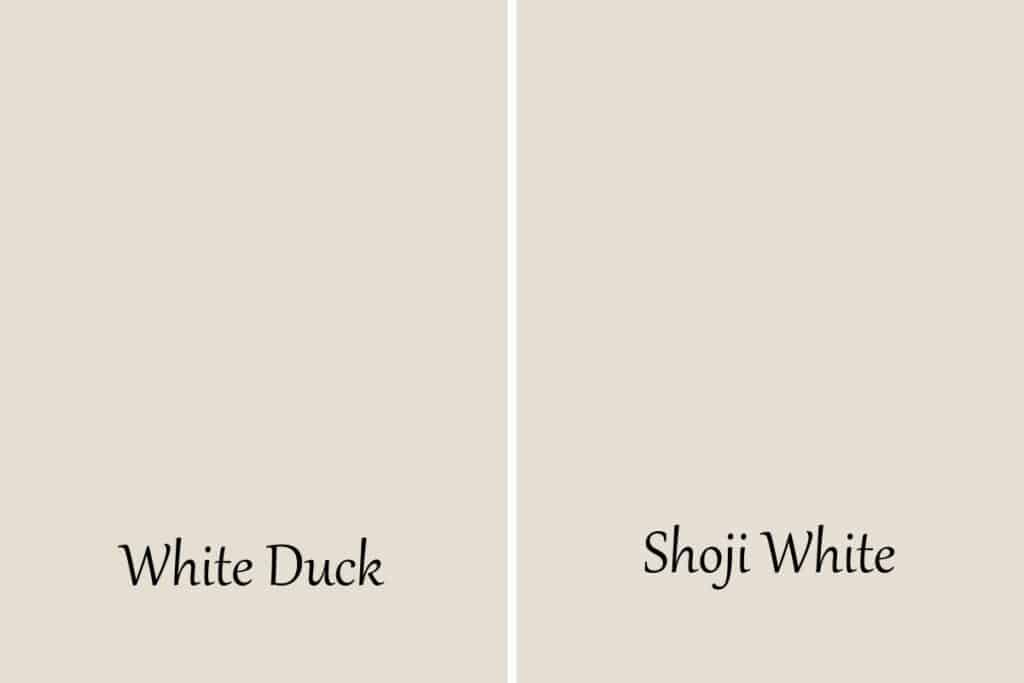 A side by side of White Duck and Shoji White with text overlay.