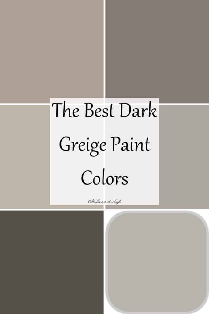 This is a grid of six different dark greige paint colors with text overlay.
