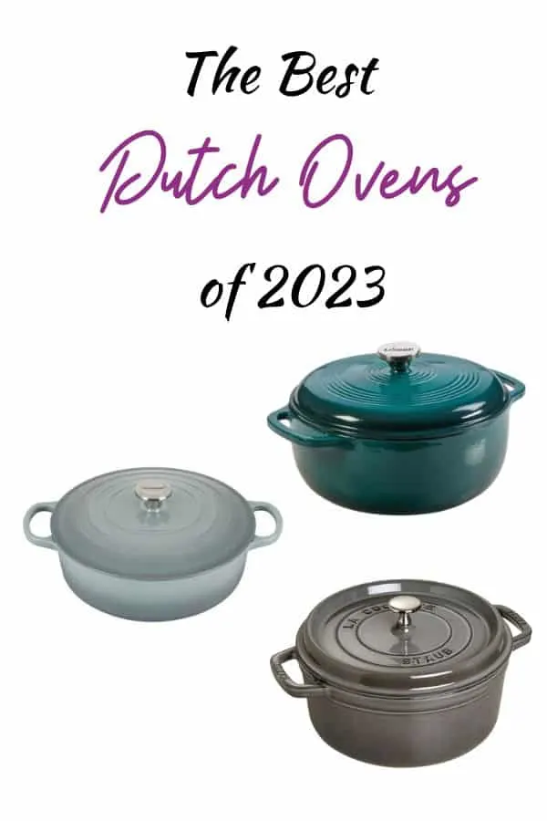 Pin for Pinterest of three different dutch ovens with text overlay.