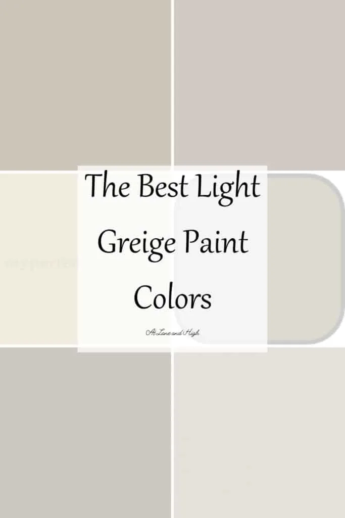 This is a grid of six different light greige paint colors with text overlay.