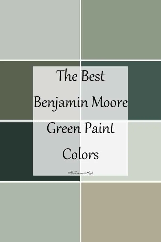 This is a grid of eight green paint colors from Benjamin Moore with text overlay.