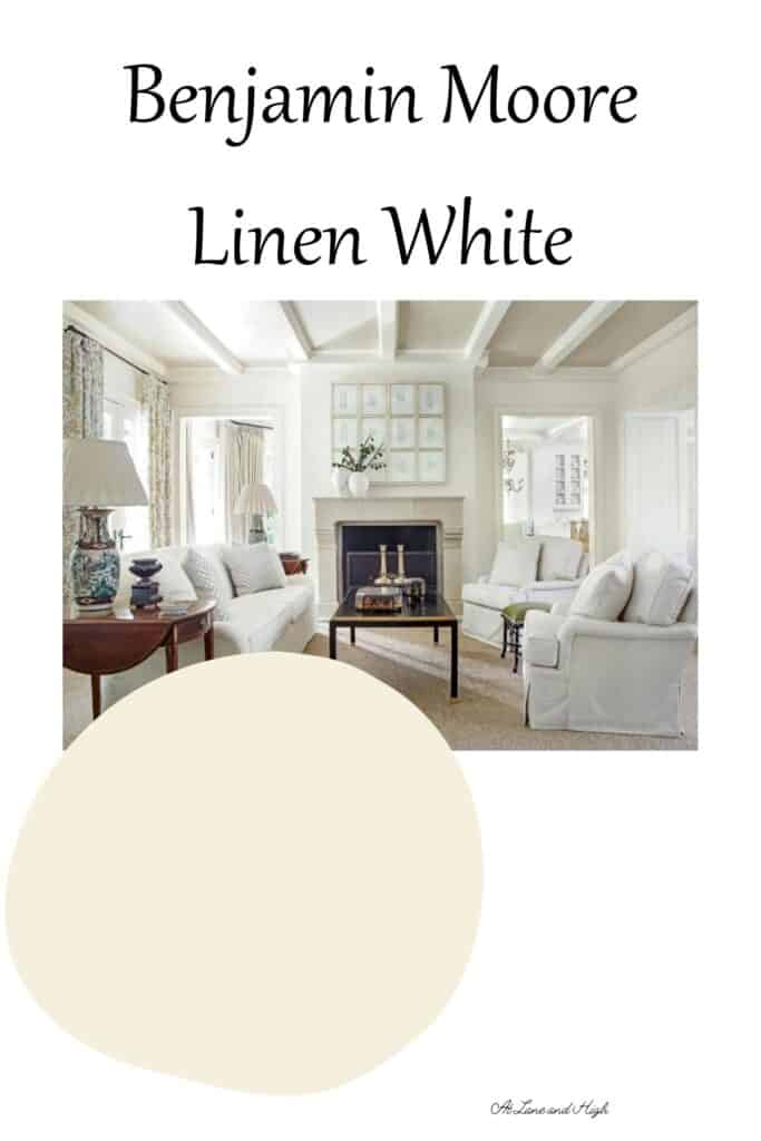 A photo of a Living room and a swatch of Benjamin Moore Linen White with text overlay.