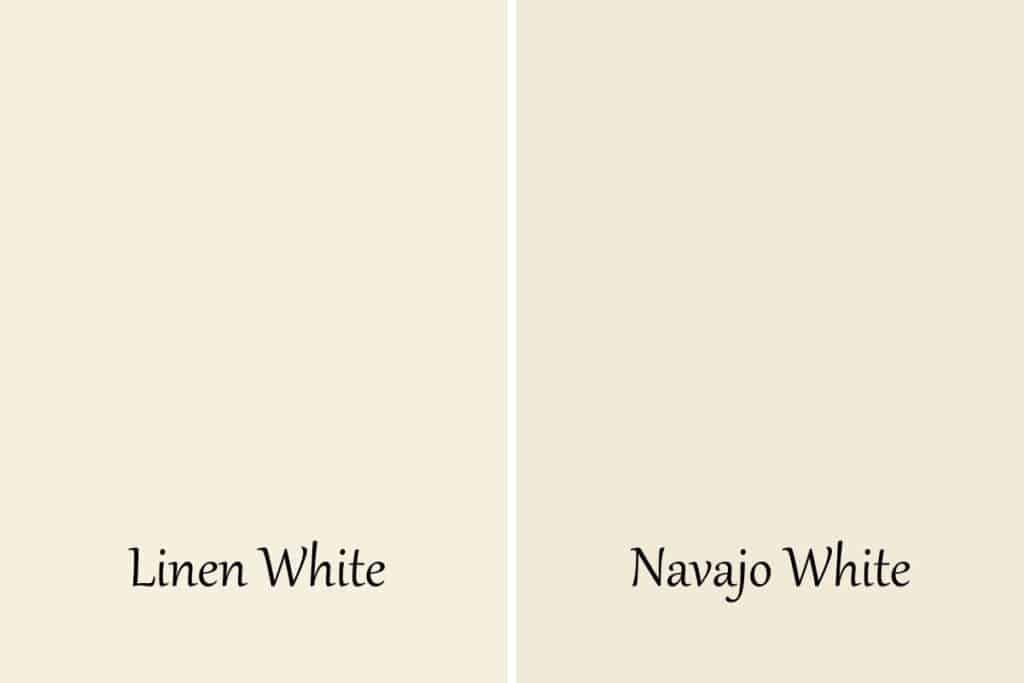 A side by side of Linen White and Navajo White by Benjamin Moore.