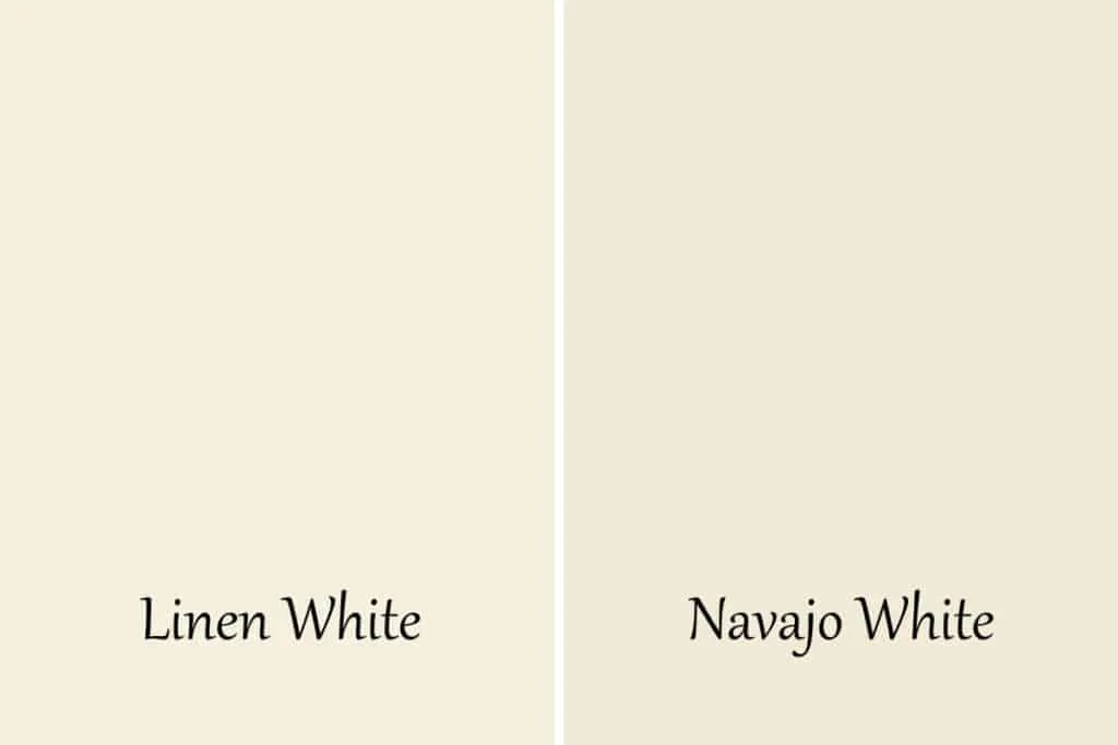 A side by side of Linen White and Navajo White by Benjamin Moore.